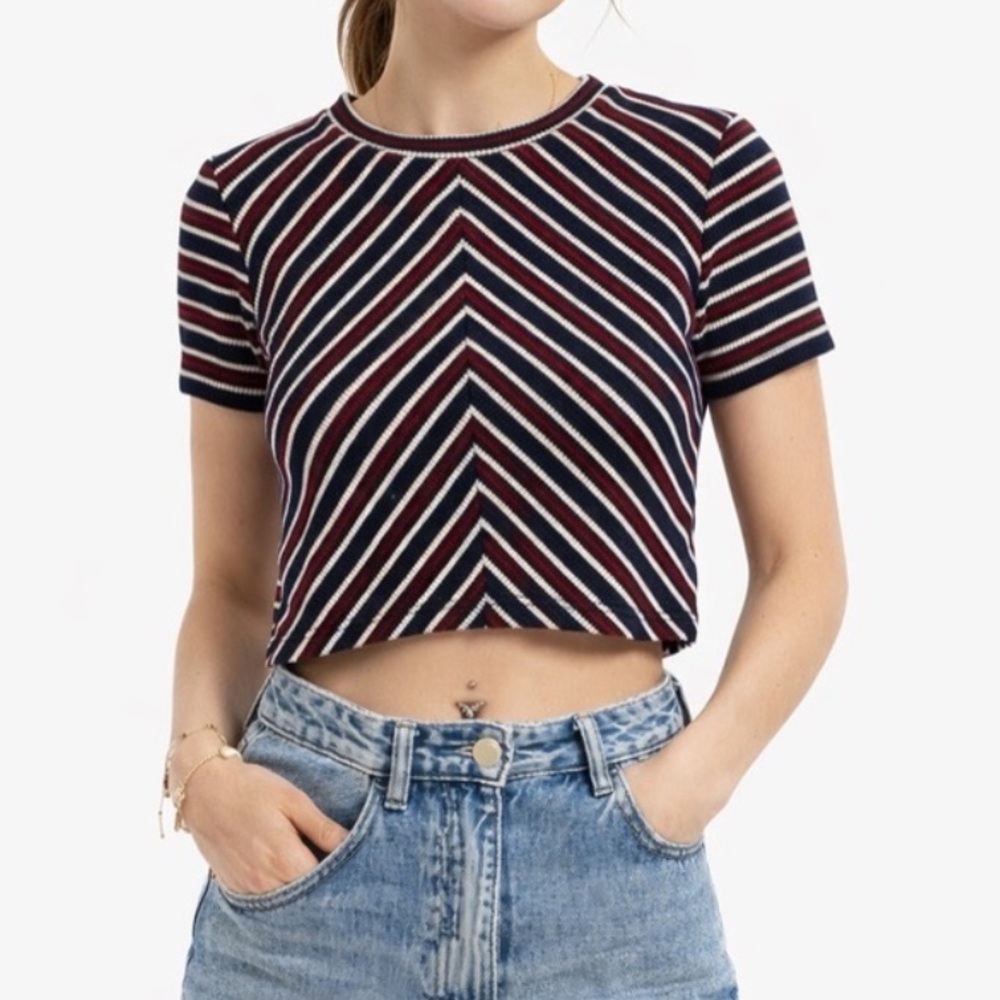 ZARA Trafaluc Striped Knit Crop‎ Top Navy Red White Size M